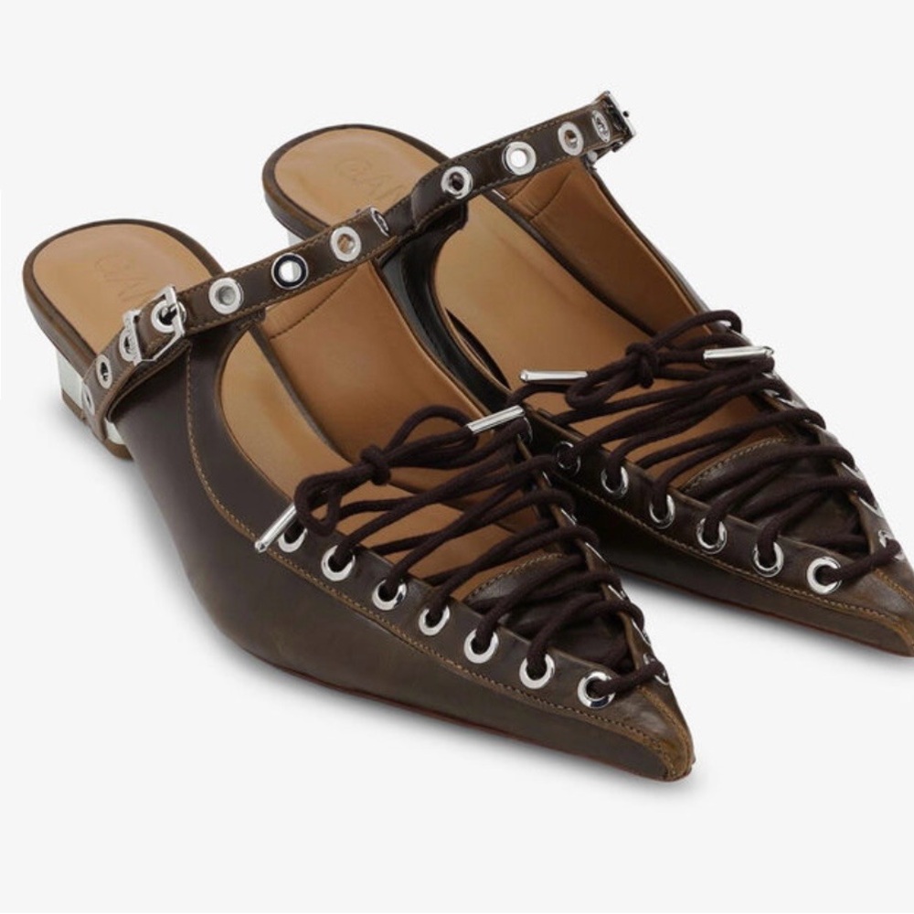 Ganni Dark Brown Pointed Lace-Up Mule with Grommet Strap